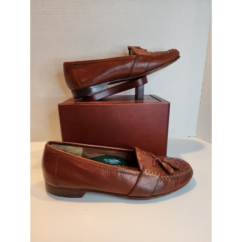 Men's Sz 9 W Nettleton Dark Brown S Tassel Loafers Shoes Woven Leather India